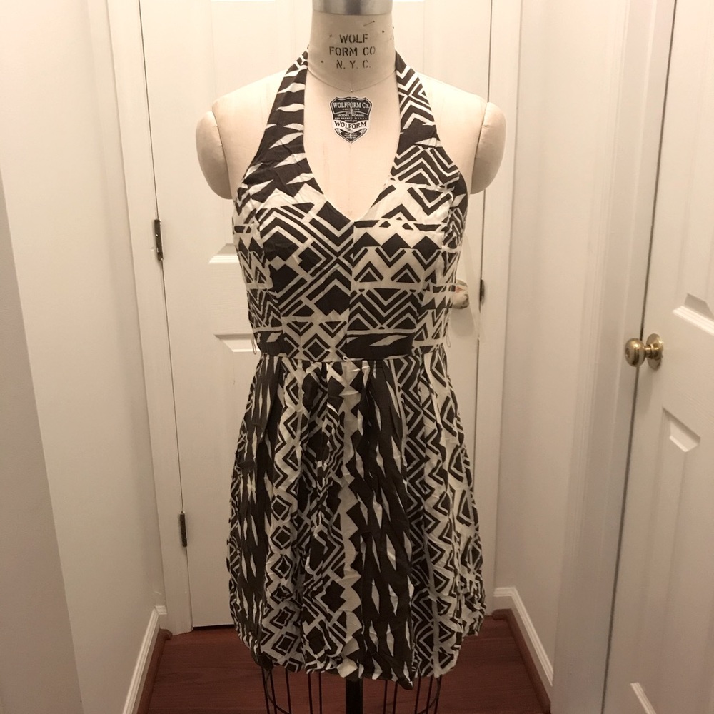 Pleated Halter Dress in Brown/White Pattern